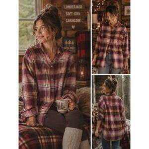 Old Navy Flannel Boyfriend Shirt Womens XL Tall Burgundy Pink Plaid Cotton Soft